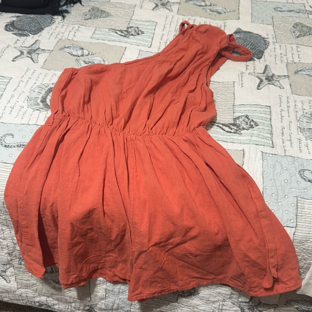 One shoulder linen gauze shorts romper
